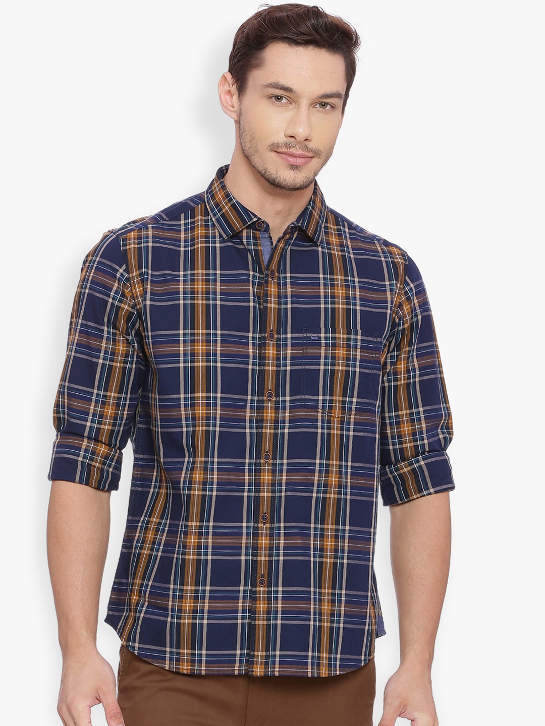 

Basics Men Navy Blue & Mustard Slim Fit Checked Casual Shirt