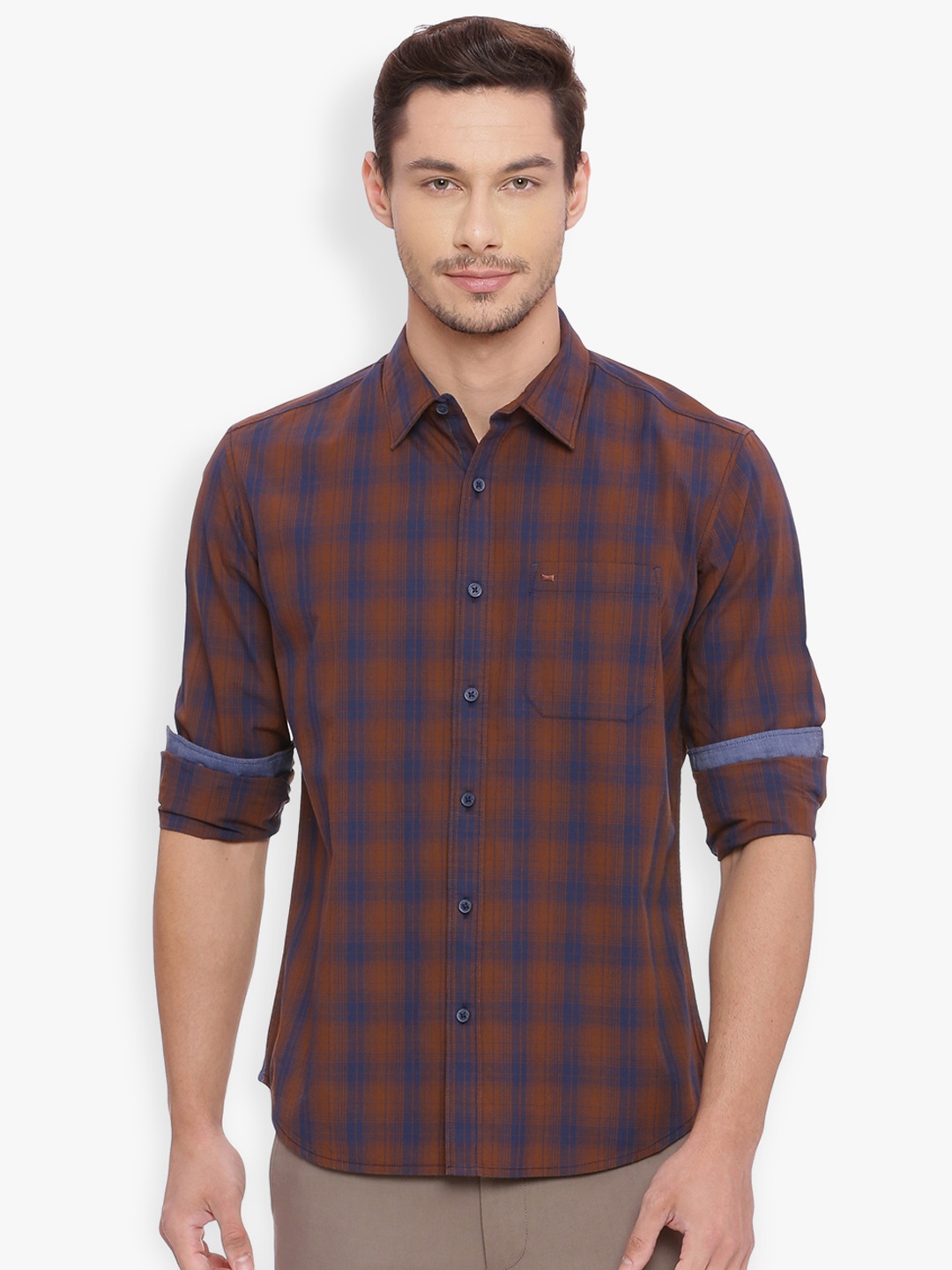 

Basics Men Brown & Blue Slim Fit Checked Casual Shirt