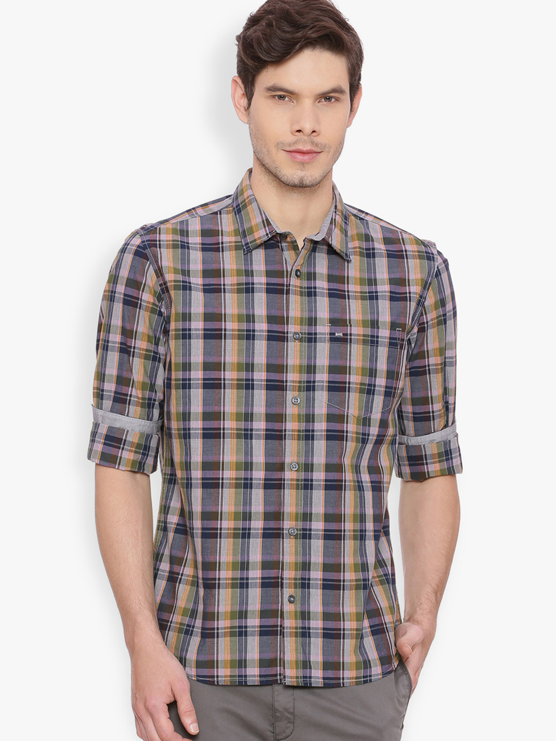 

Basics Men Blue & Pink Slim Fit Checked Casual Shirt