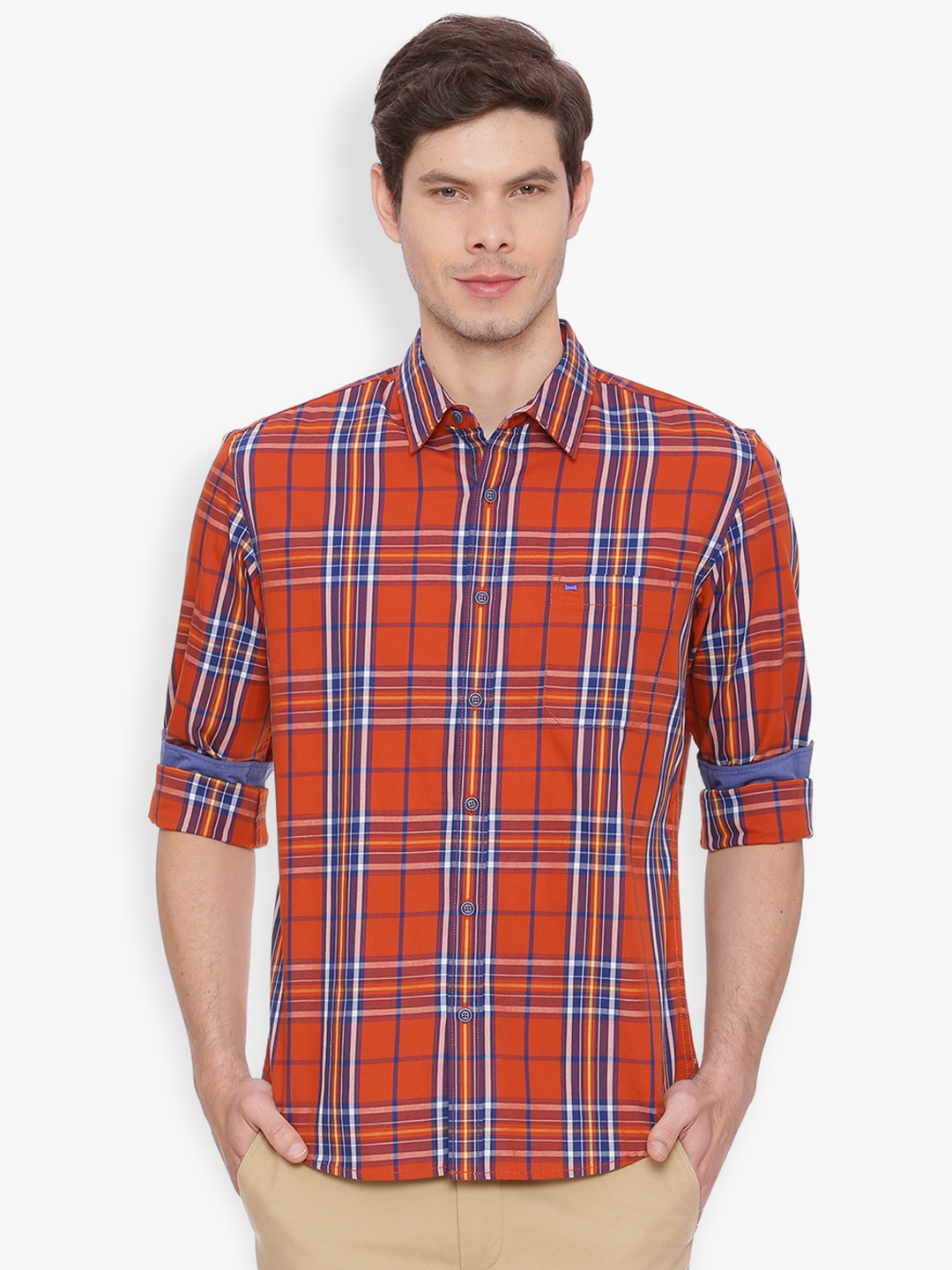 

Basics Men Orange & Blue Slim Fit Checked Casual Shirt