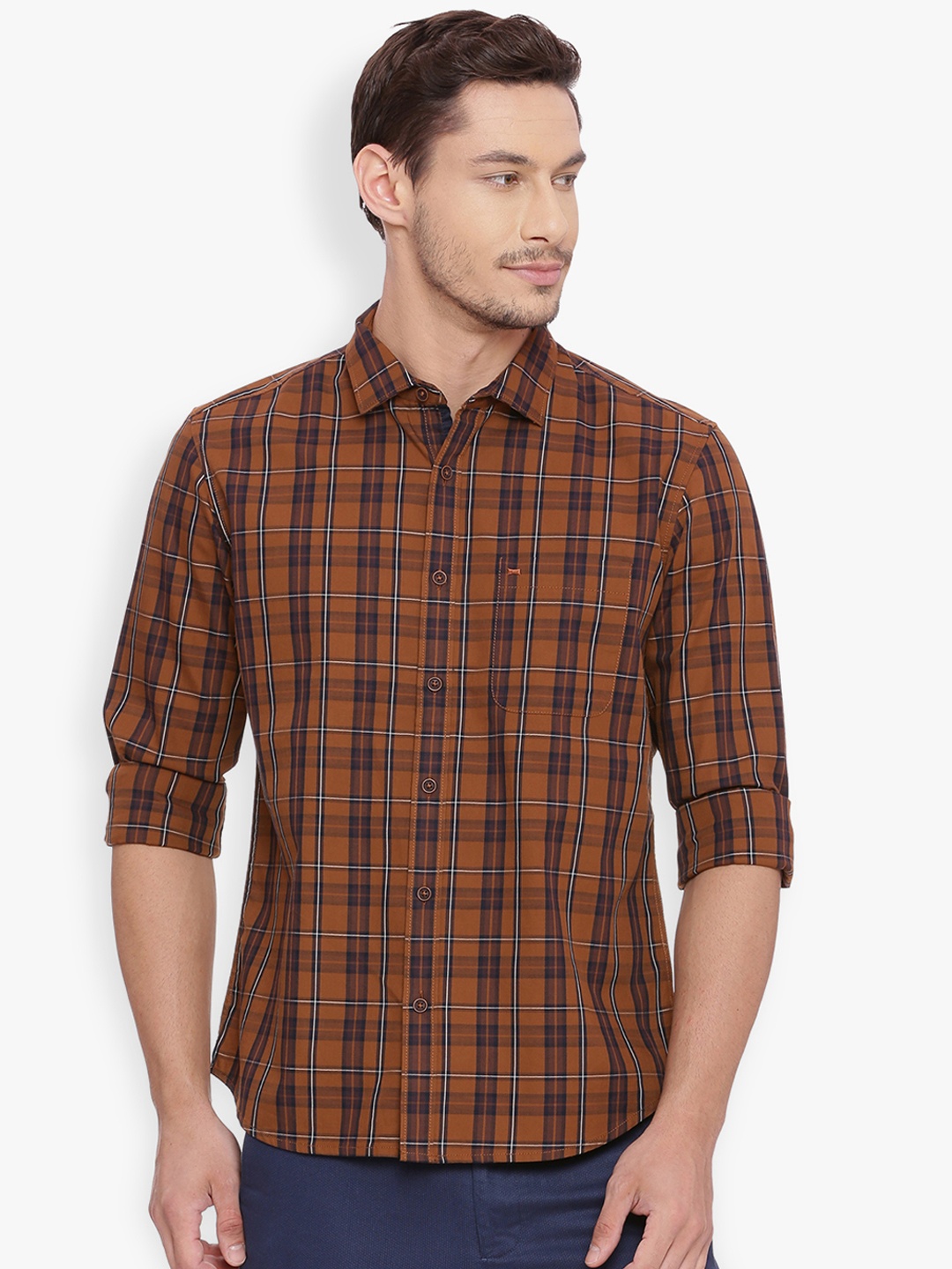 

Basics Men Brown Slim Fit Checked Casual Shirt