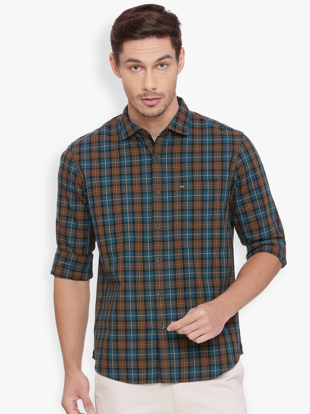 

Basics Men Green & Brown Slim Fit Checked Casual Shirt