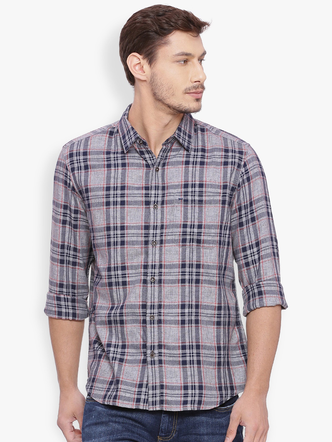 

Basics Men Grey & Blue Slim Fit Checked Casual Shirt