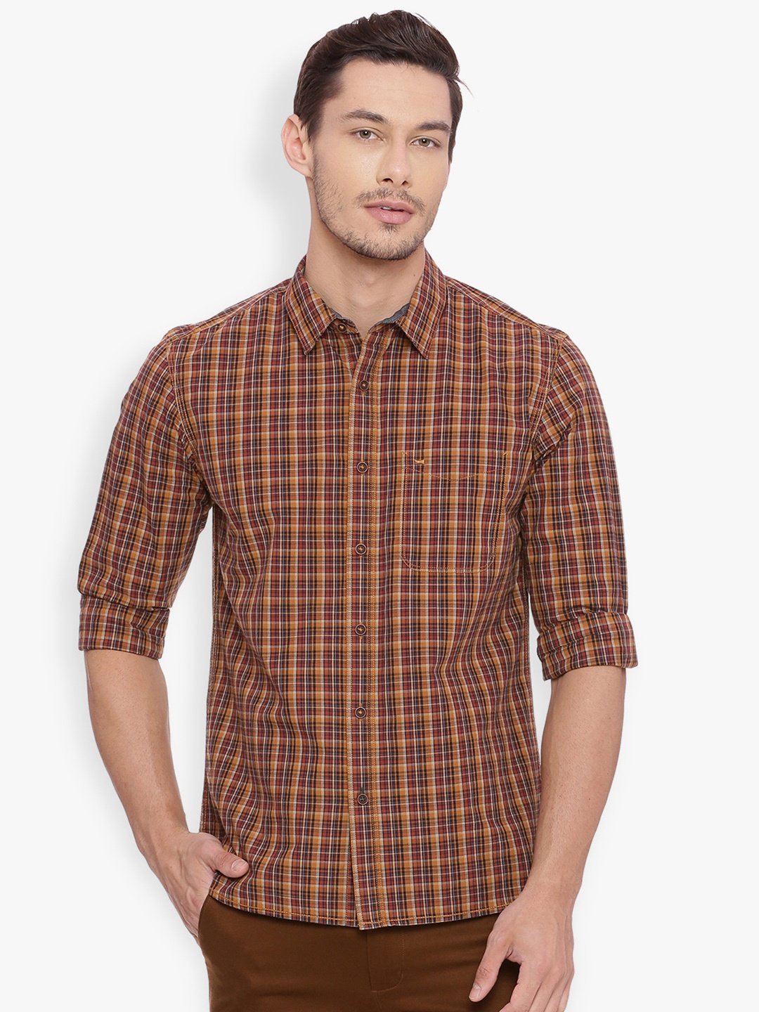 

Basics Men Brown Slim Fit Checked Casual Shirt