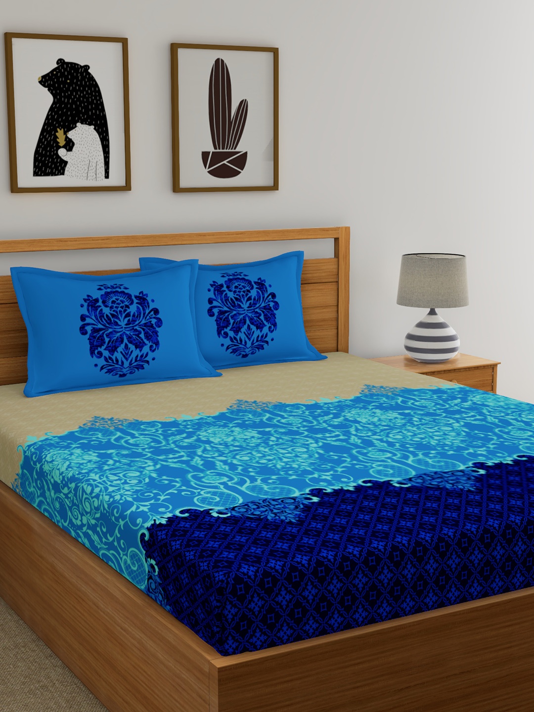 

Dreamscape Blue Beige Flat 144 TC Cotton Double Bedsheet with 2 Reversible Pillow Covers