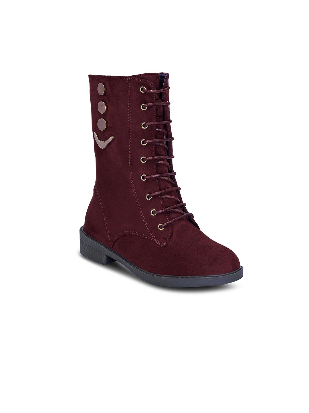 

Get Glamr Women Maroon Solid Synthetic Suede High-Top Flat Boots