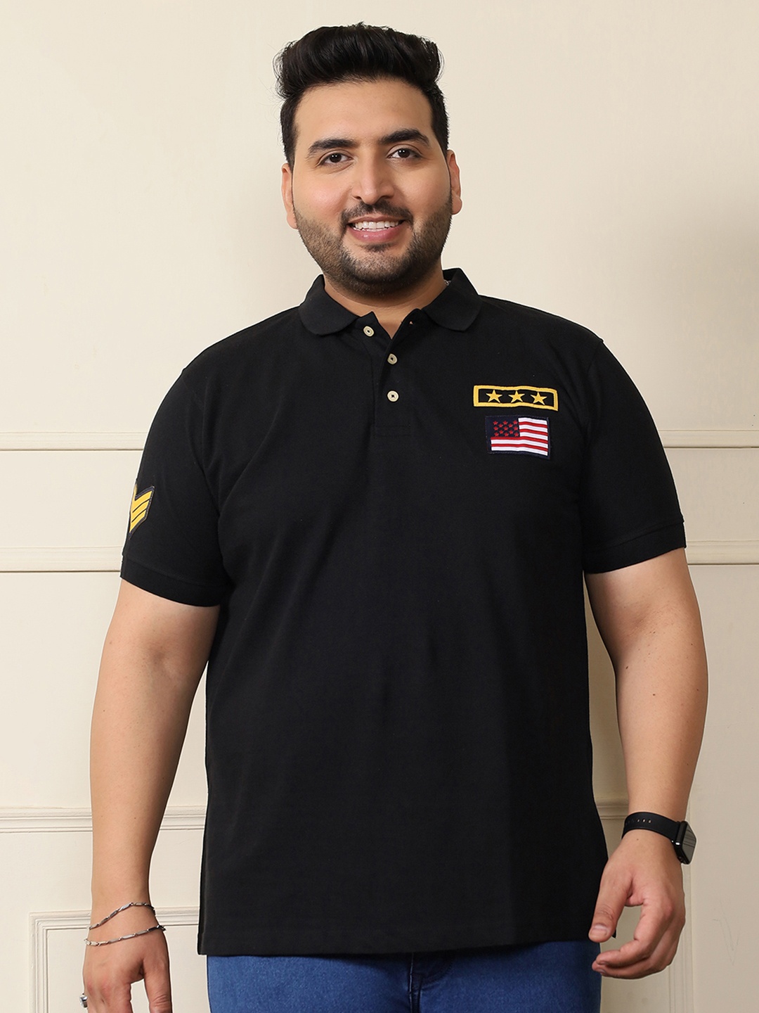 

bigbanana Plus Size Men Black Solid Polo Collar Pure Cotton T-shirt