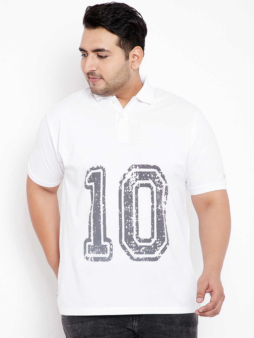 

bigbanana Plus Size Men White Printed Polo Collar Pure Cotton T-shirt