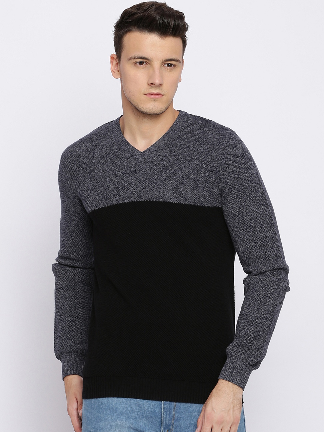 

Basics Men Black & Charcoal Colourblocked Pullover
