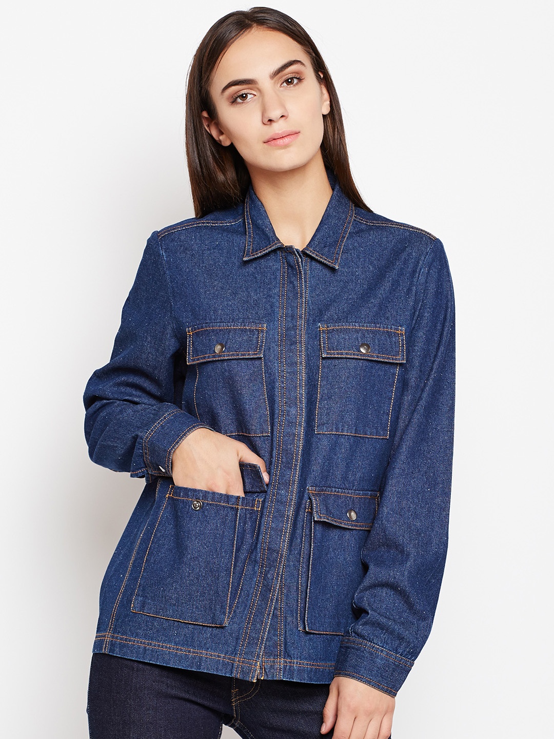 

Nun Women Blue Solid Denim Jacket