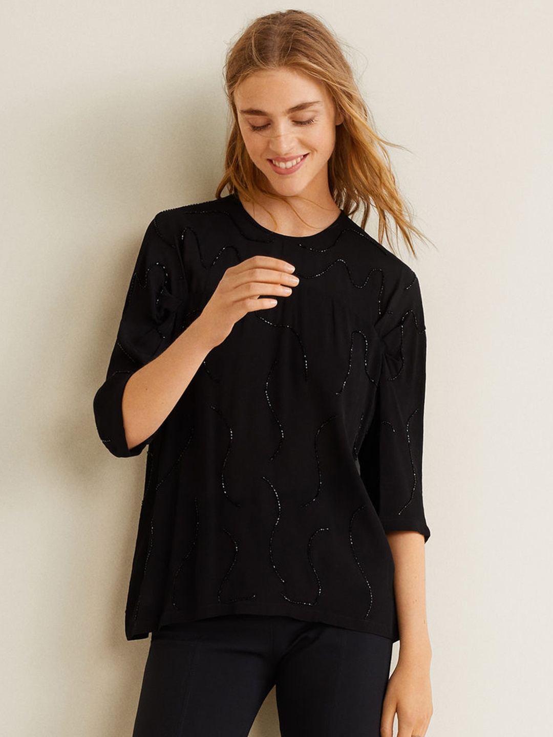 

MANGO Women Black Embellished Top