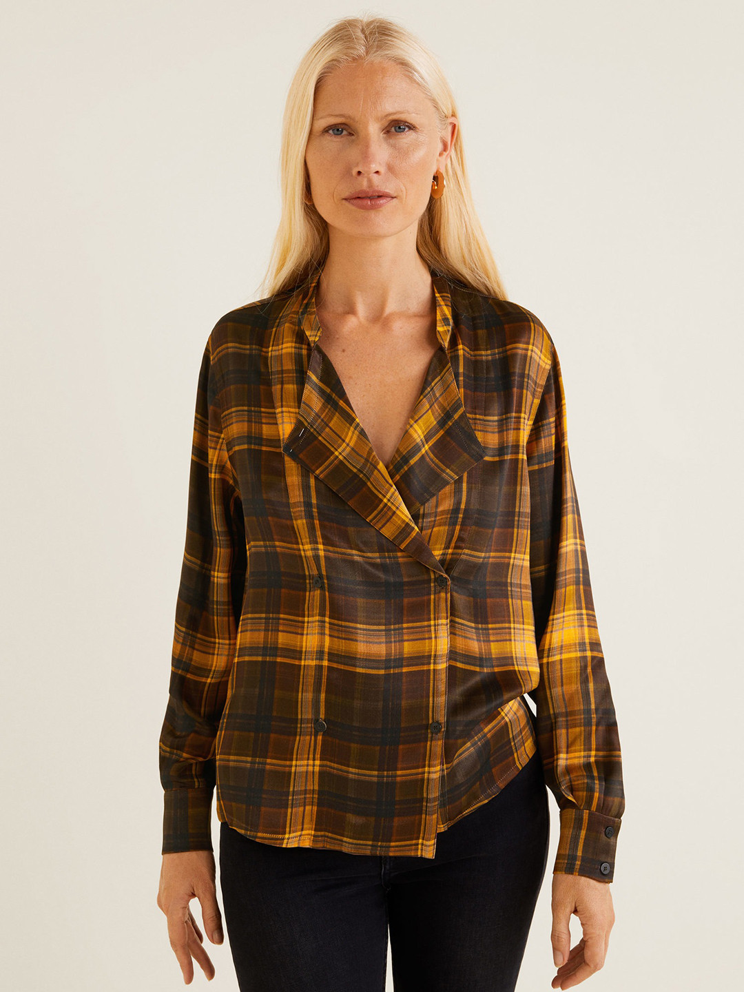 

MANGO Women Brown & Orange Checked Shirt Style Top