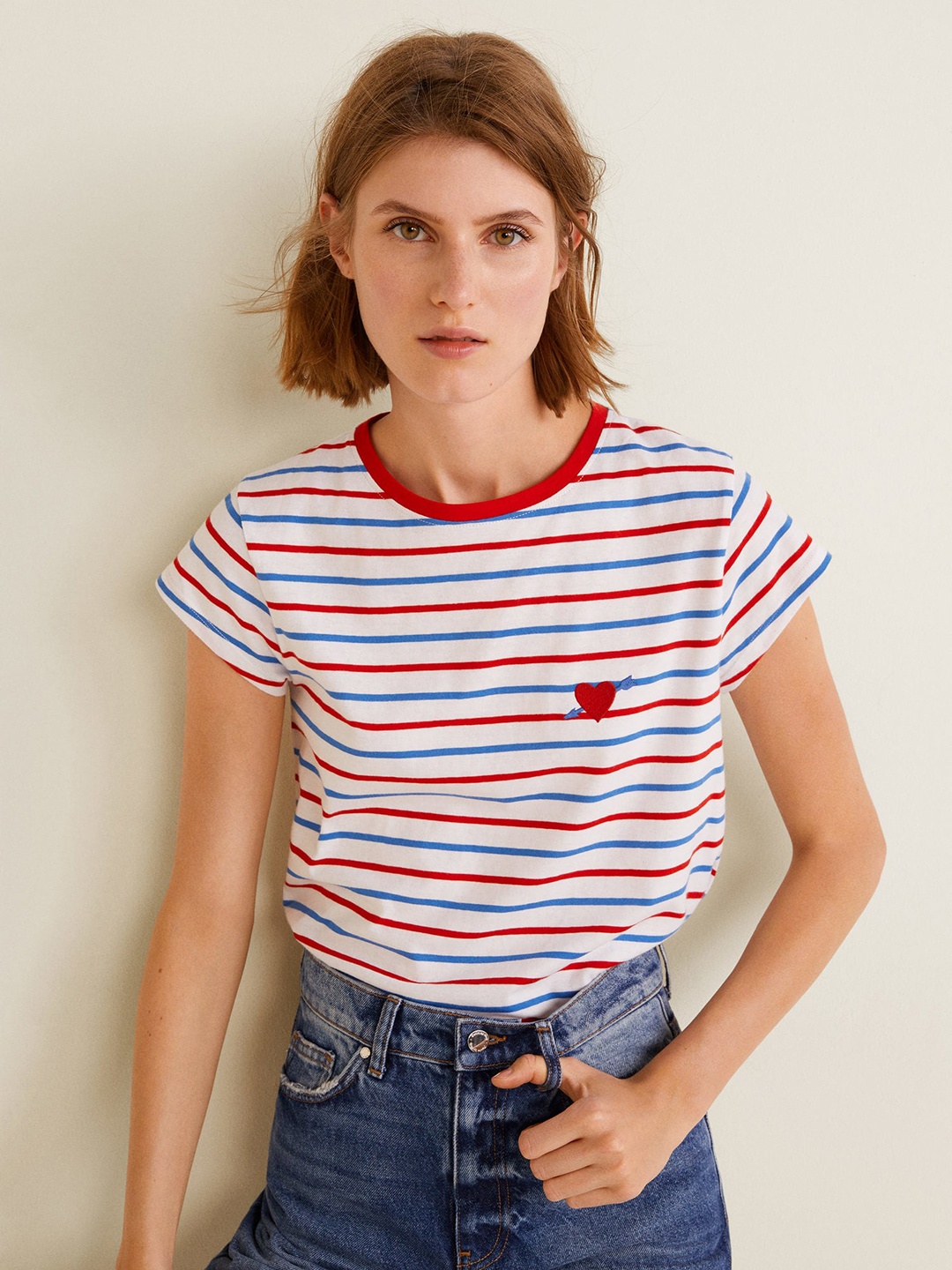 

MANGO Women White Red Striped Round Neck Pure Cotton T-shirt