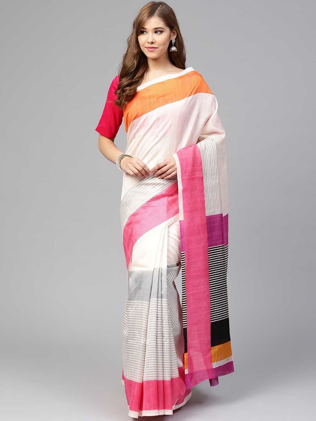 

Saree mall Off-White & Grey Striped Bhagalpuri Saree