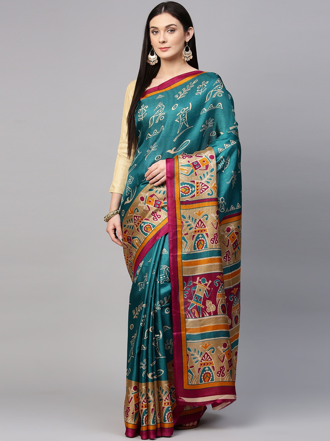 

Saree mall Teal Blue & Burgundy Printed Saree