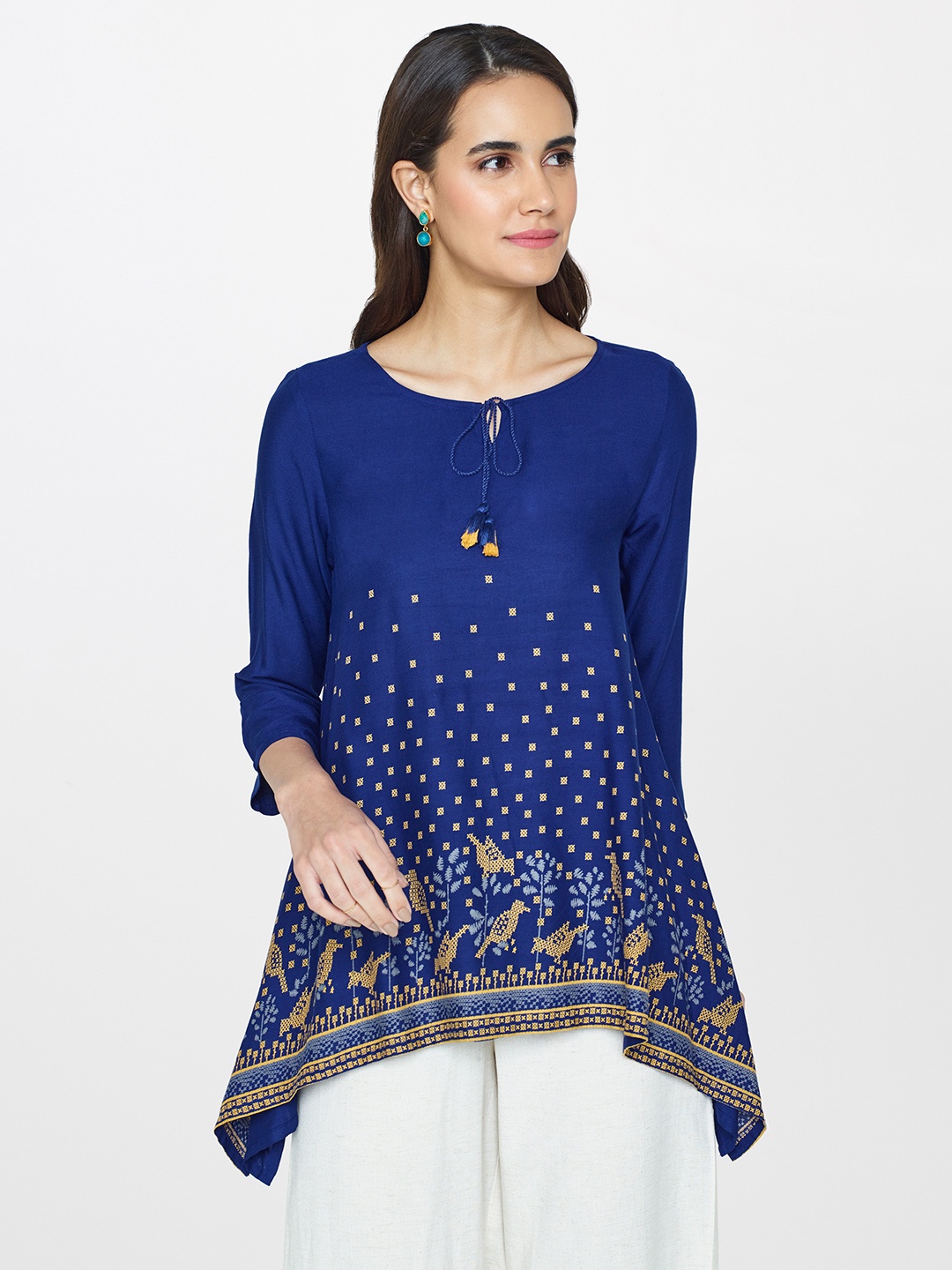 

Global Desi Women Blue Printed A-Line Top