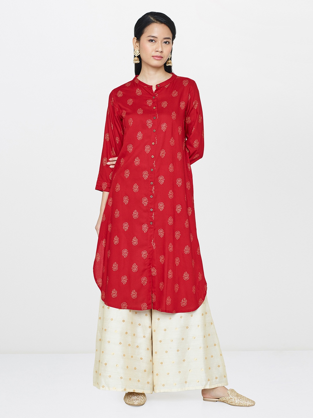 

Global Desi Women Maroon & Gold-Toned Printed A-Line Kurta
