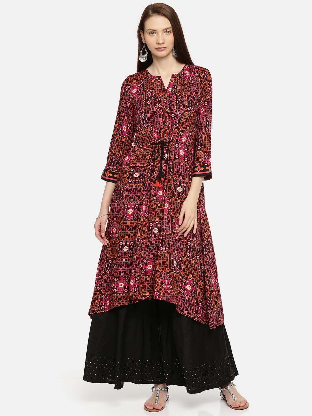 

Global Desi Women Black & Pink Printed A-Line Kurta
