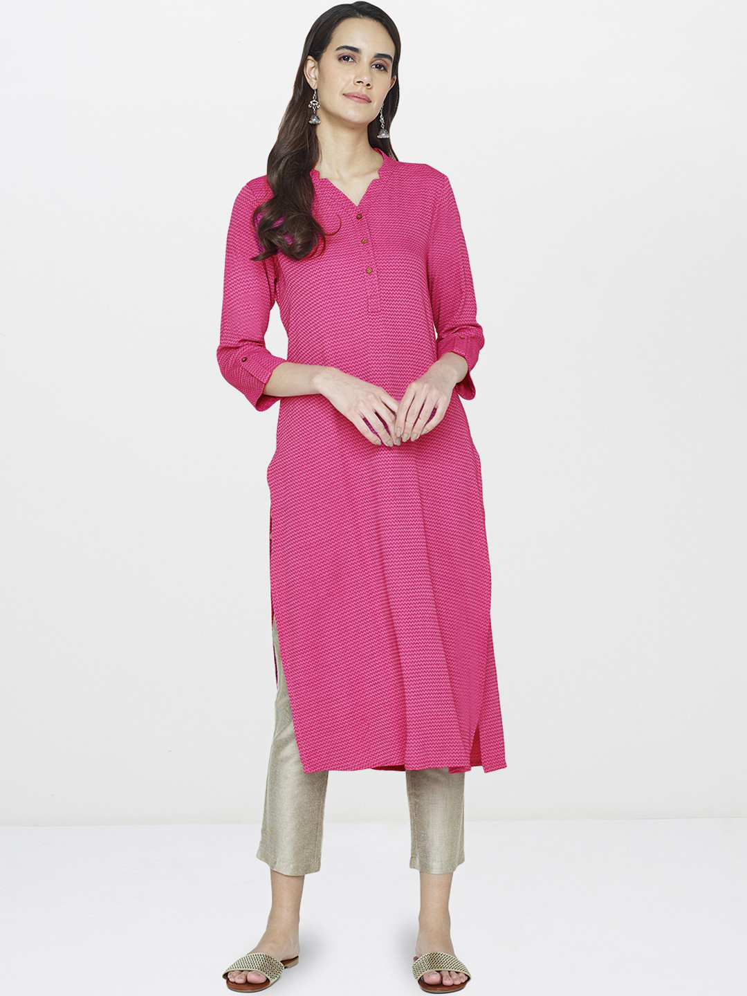 

Global Desi Women Pink Solid A-Line Kurta
