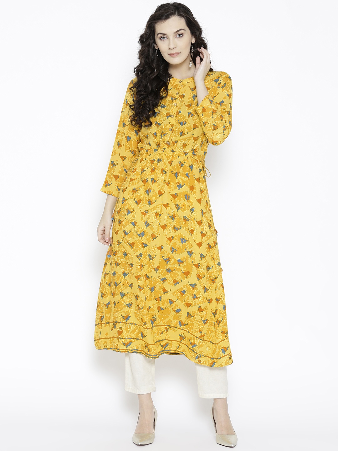 

Global Desi Women Yellow Printed A-Line Kurta