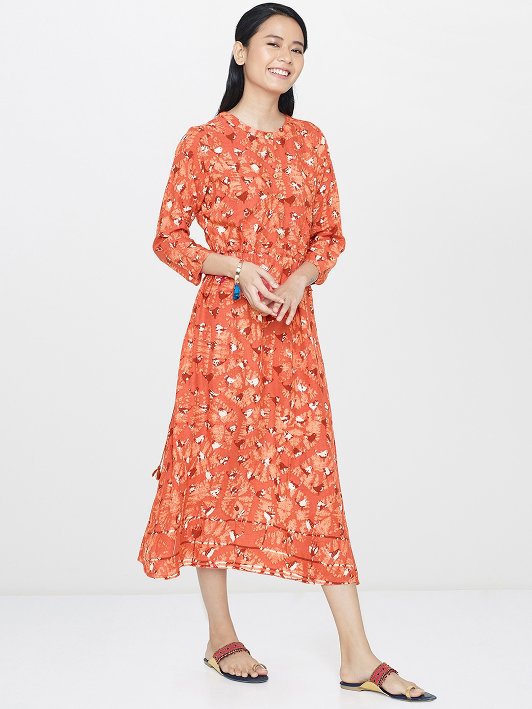 

Global Desi Women Rust Orange Printed A-Line Dress