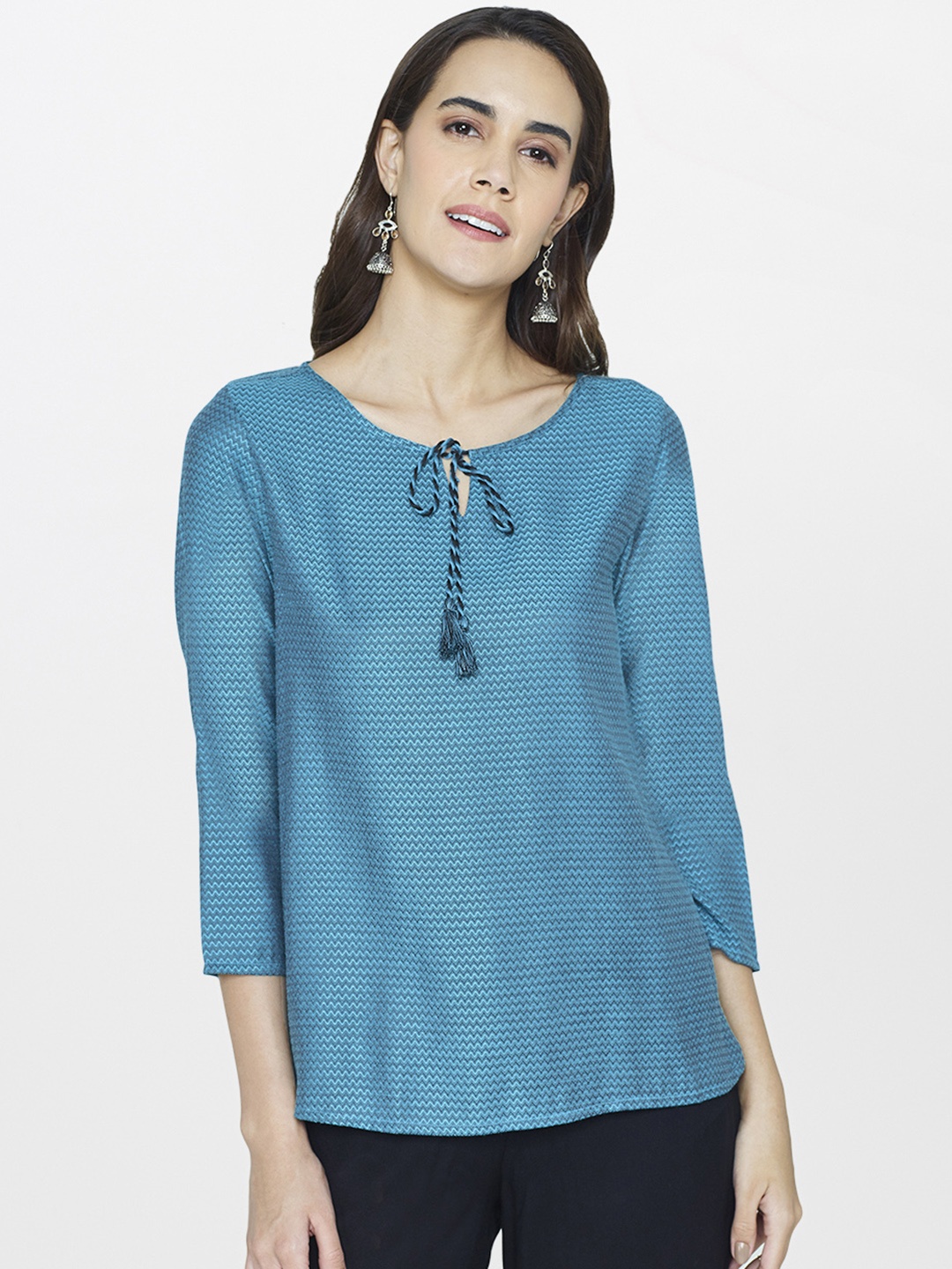 

Global Desi Women Teal Blue Self Design Top