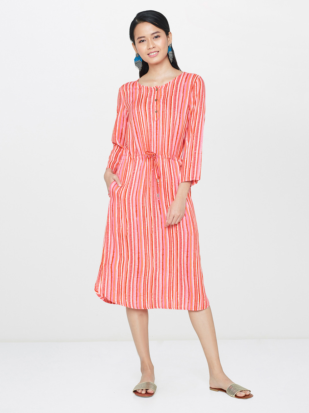 

Global Desi Women Coral Pink & Striped Fit and Flare Dress
