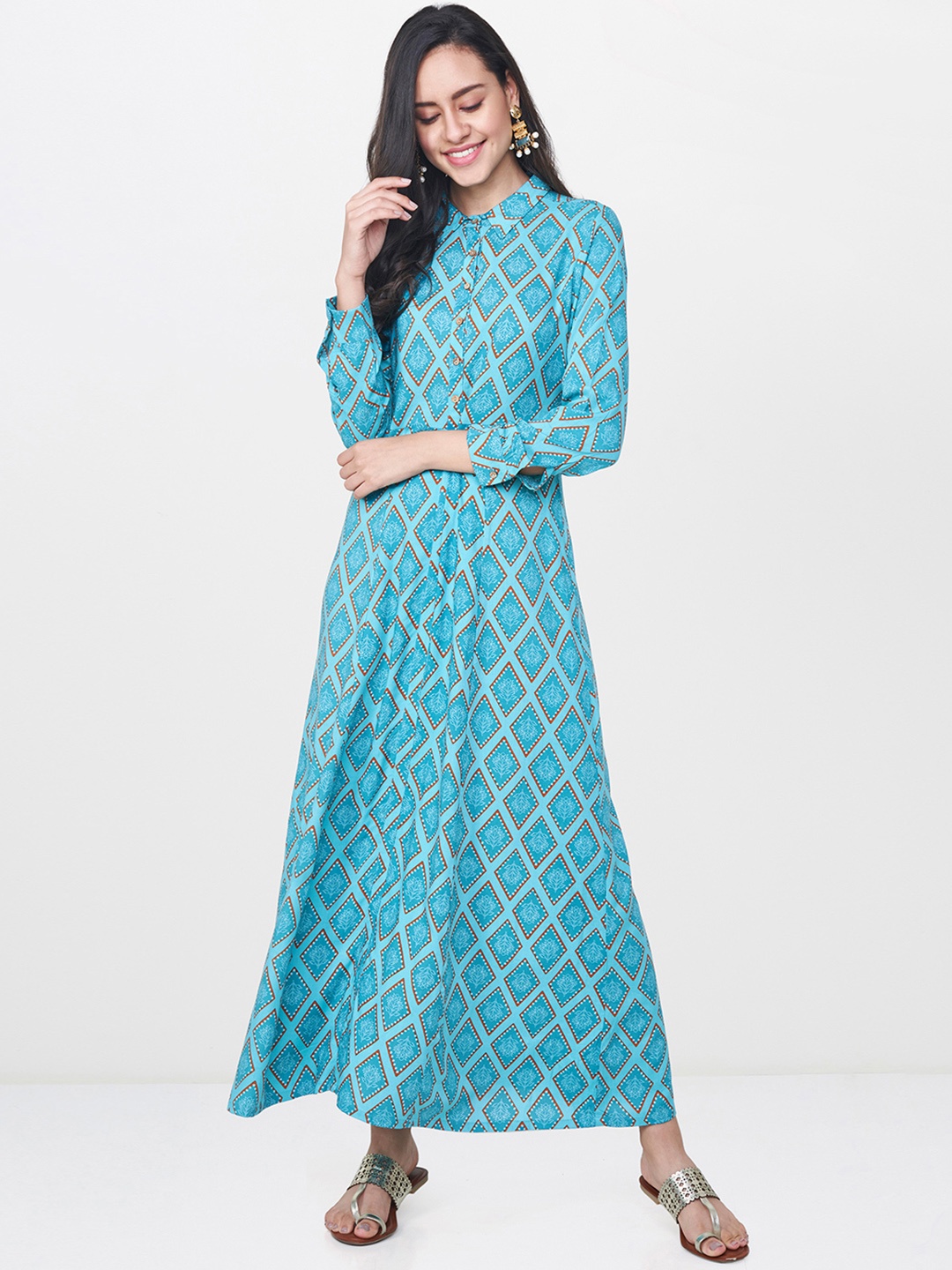 

Global Desi Women Blue Printed Maxi Dress