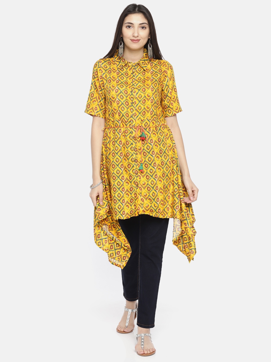 

Global Desi Yellow & Green Printed Tunic