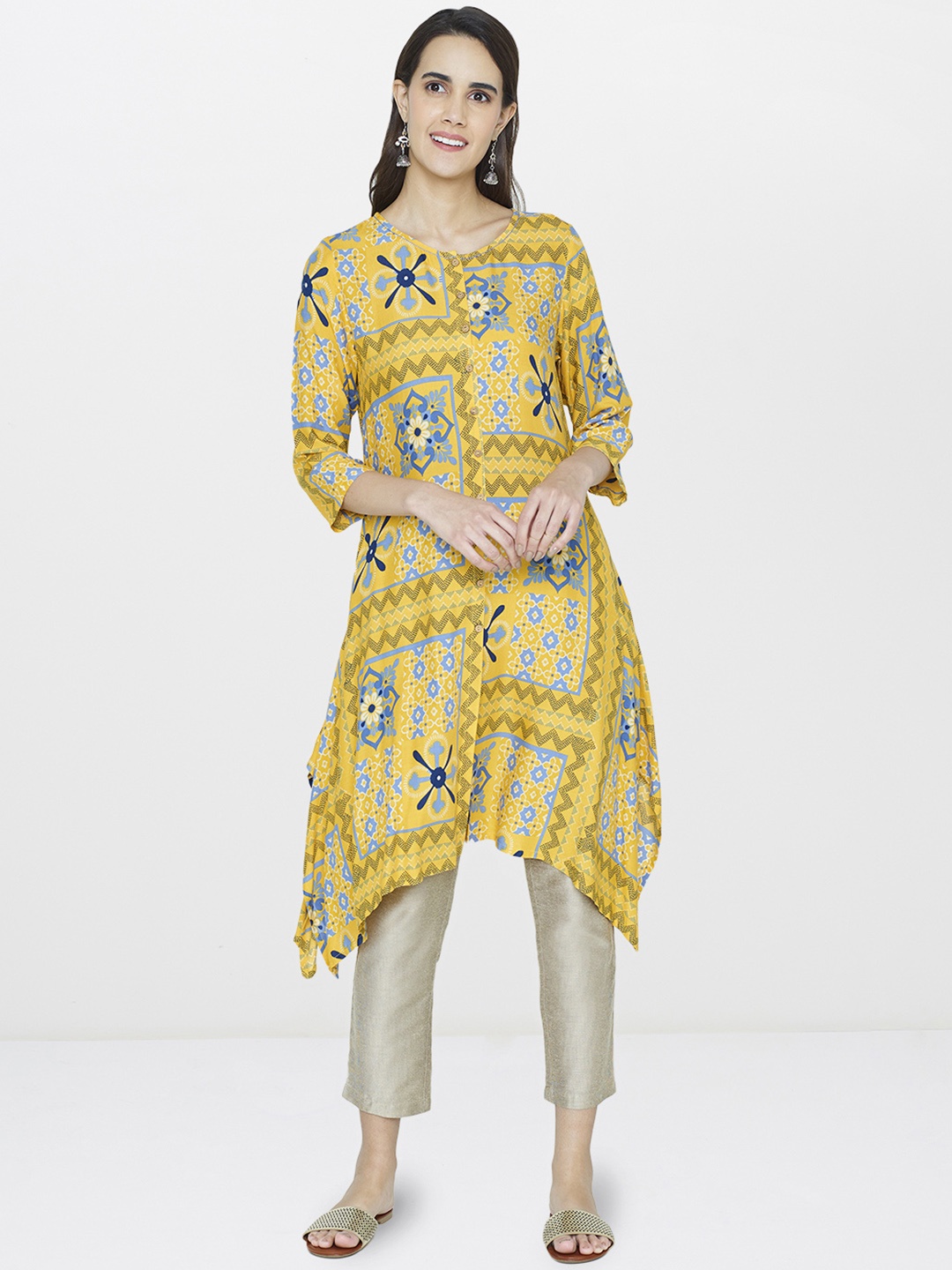 

Global Desi Women Mustard Yellow & Blue Printed Tunic
