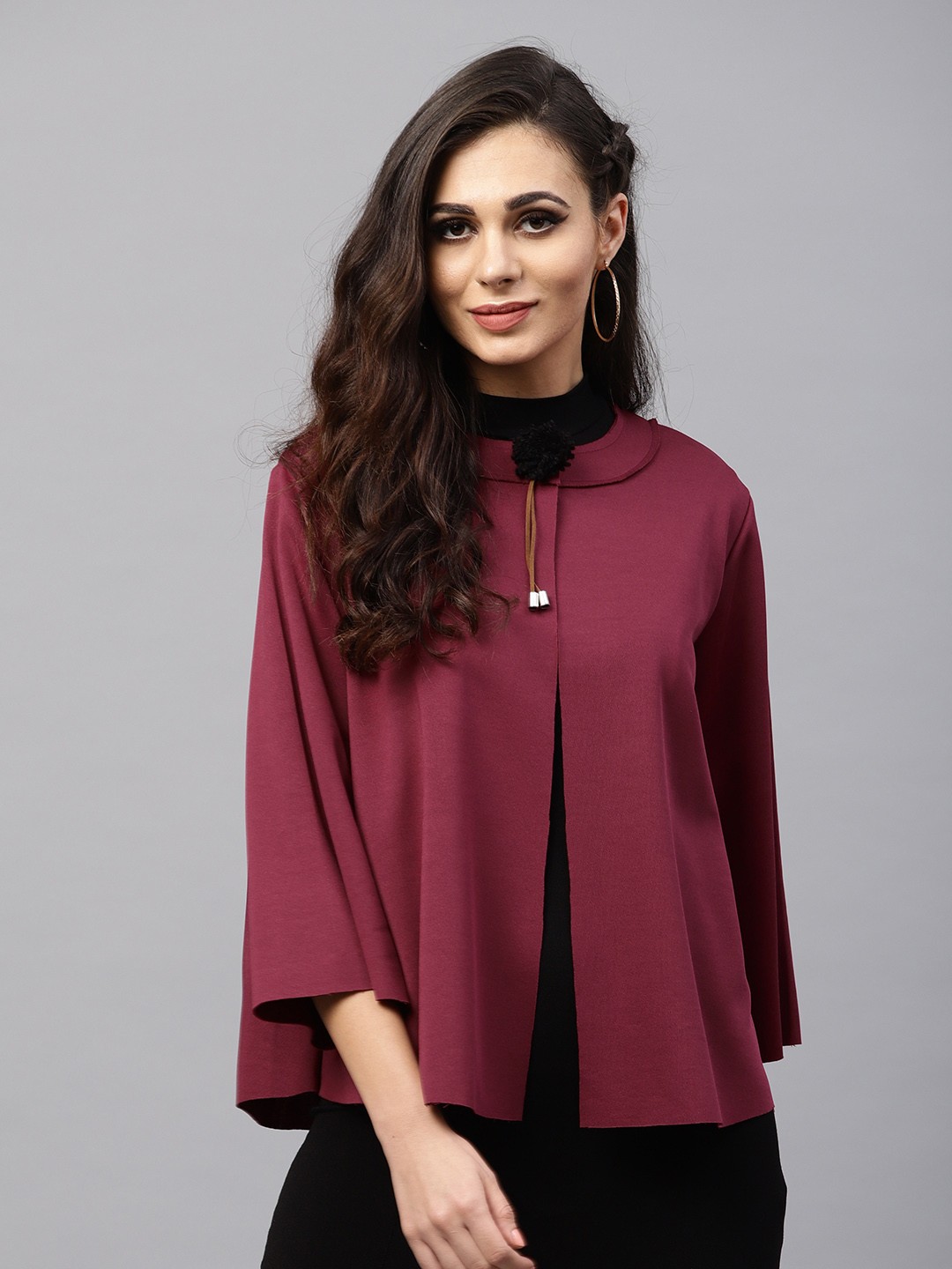 

SASSAFRAS Burgundy Solid Open Front Shrug