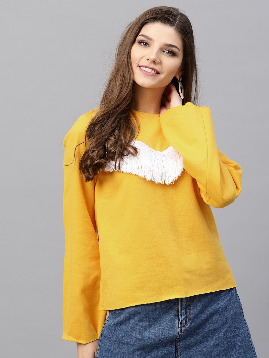 

SASSAFRAS Women Yellow Solid Fringed Sweatshirt