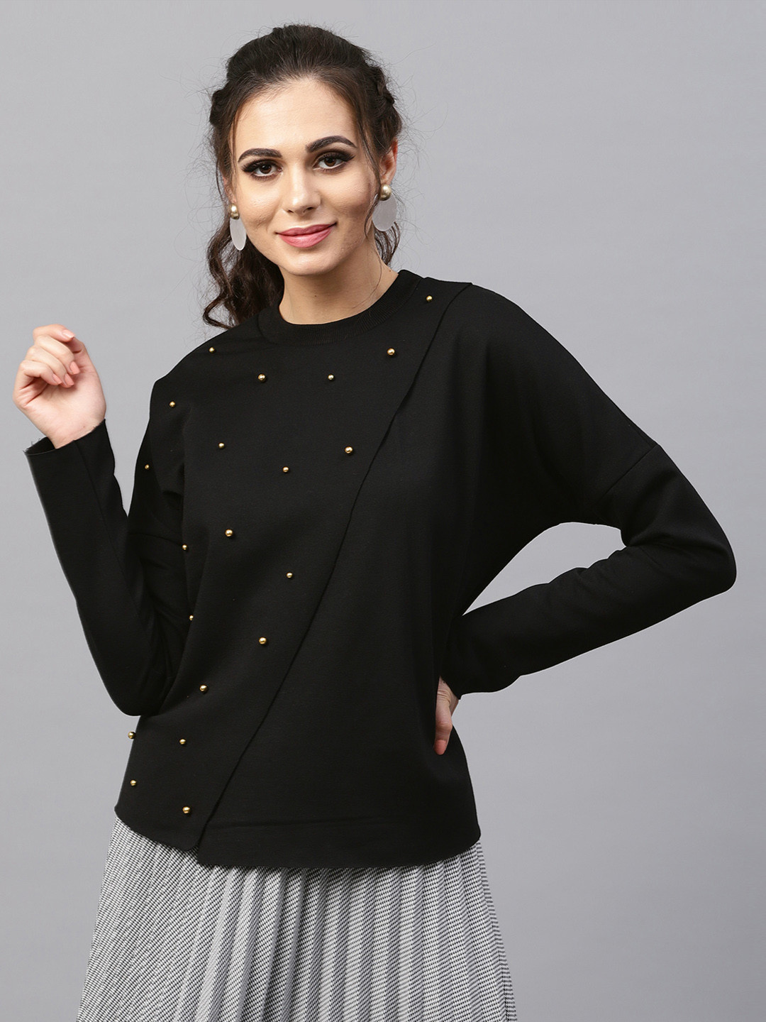 

SASSAFRAS Women Black Solid Beaded Wrap Sweatshirt