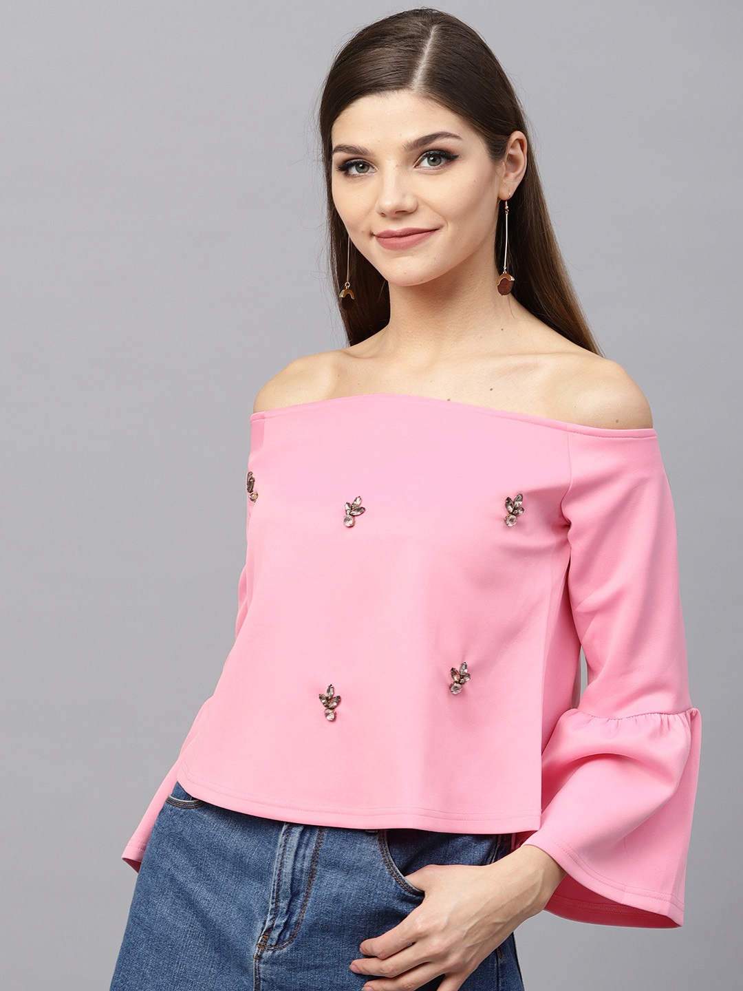 

SASSAFRAS Women Pink Embellished Bardot Top
