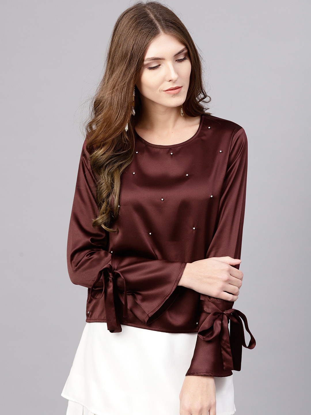 

STREET 9 Women Burgundy Satin Embellished Top