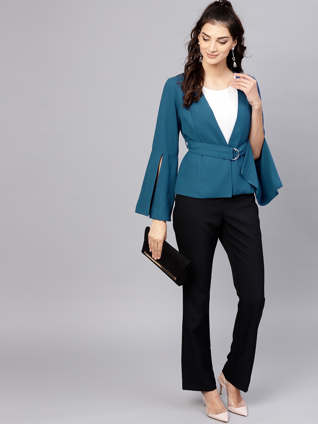 

STREET 9 Women Teal Green Solid Open Front Shrug