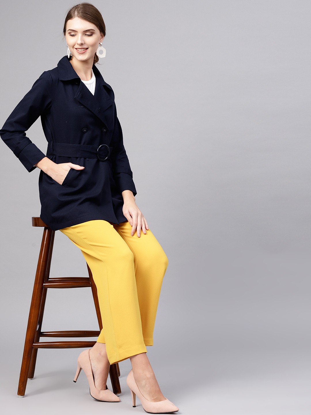 

STREET 9 Women Navy Blue Solid Double-Breasted Trench Coat