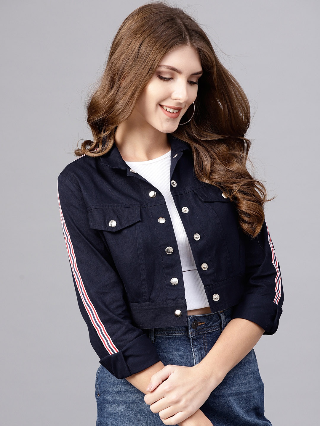 

STREET 9 Women Navy Blue Solid Crop Jacket