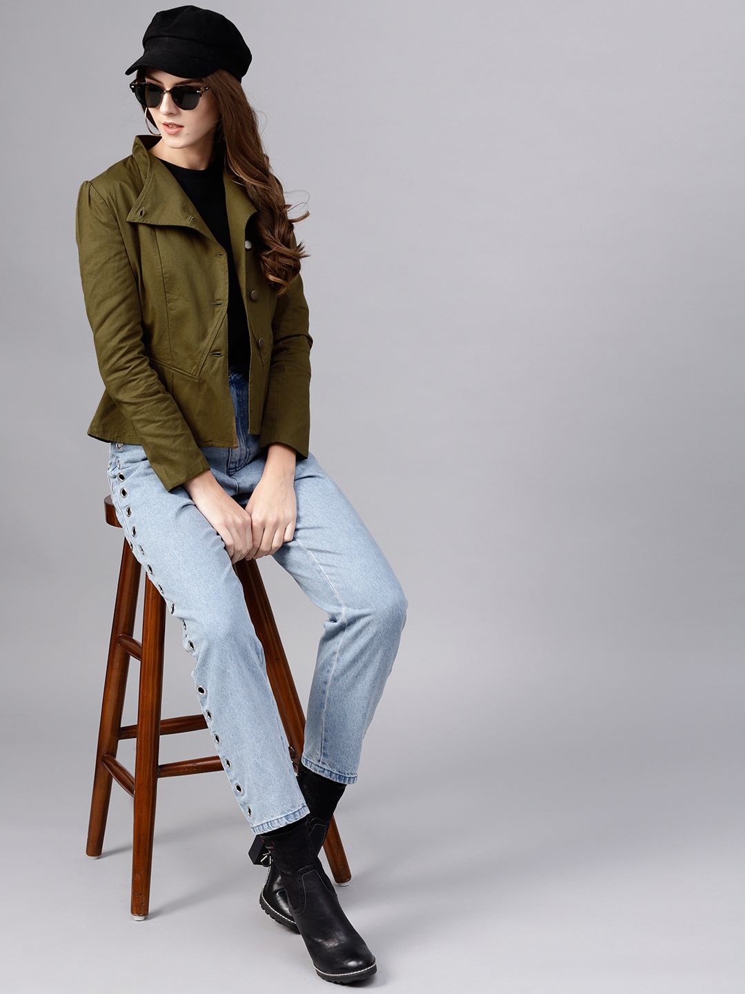 

STREET 9 Women Olive Green Solid Crop Tailored Jacket