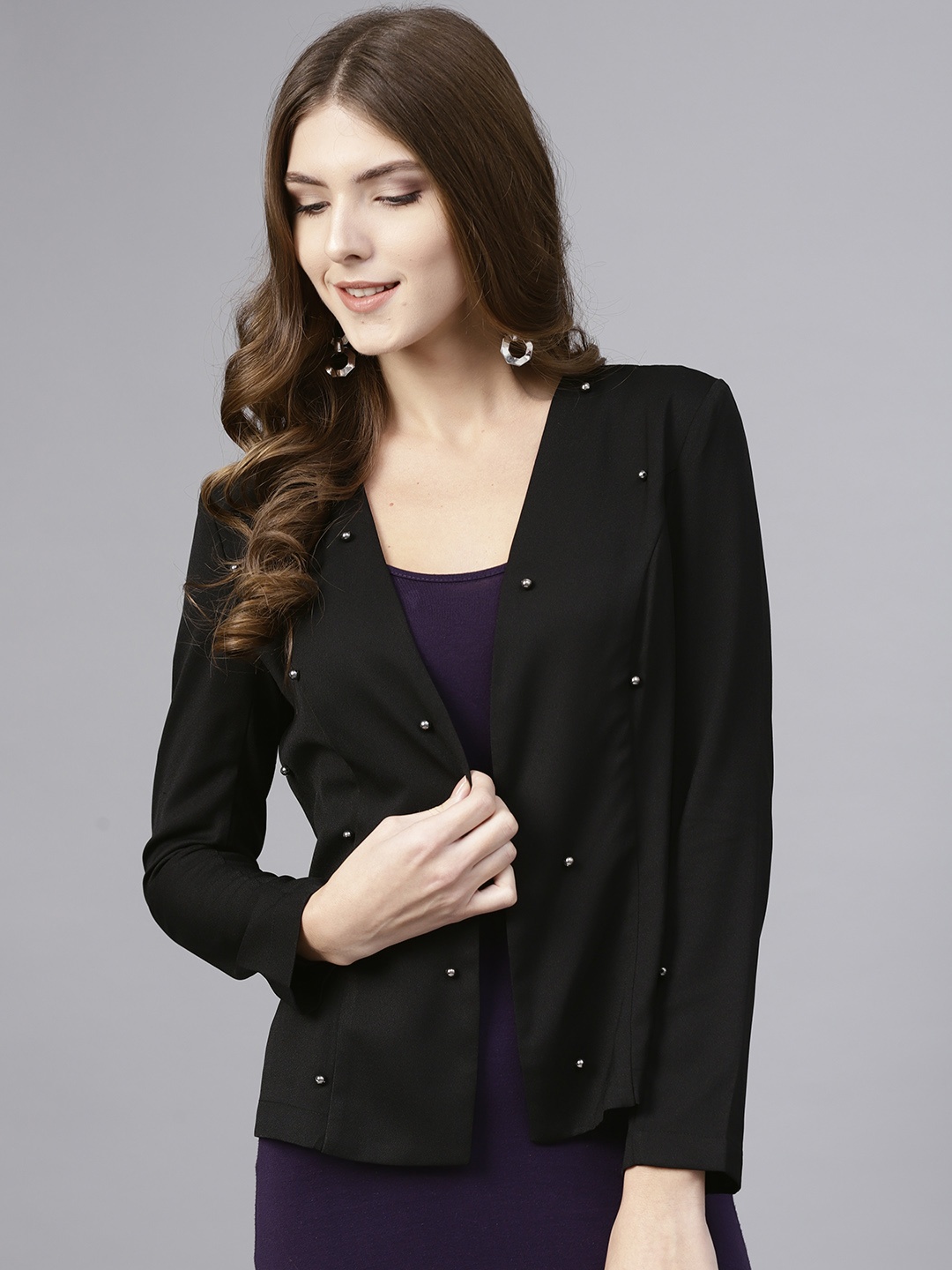 

STREET 9 Women Black Solid Open Front Shrug with Embellished Detail