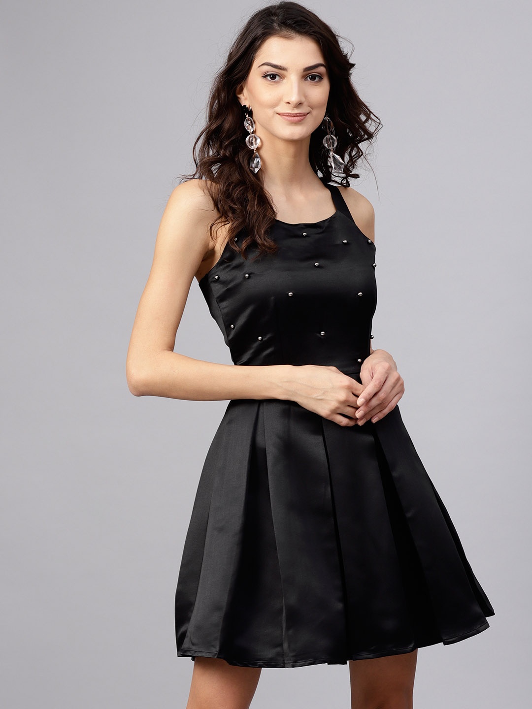 

STREET 9 Women White Solid Fit & Flare Dress, Black