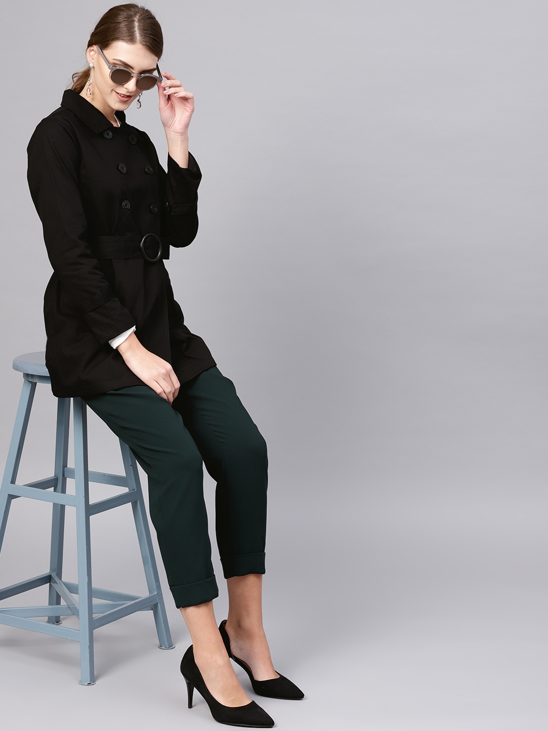 

STREET 9 Women Black Solid Double-Breasted Trench Coat