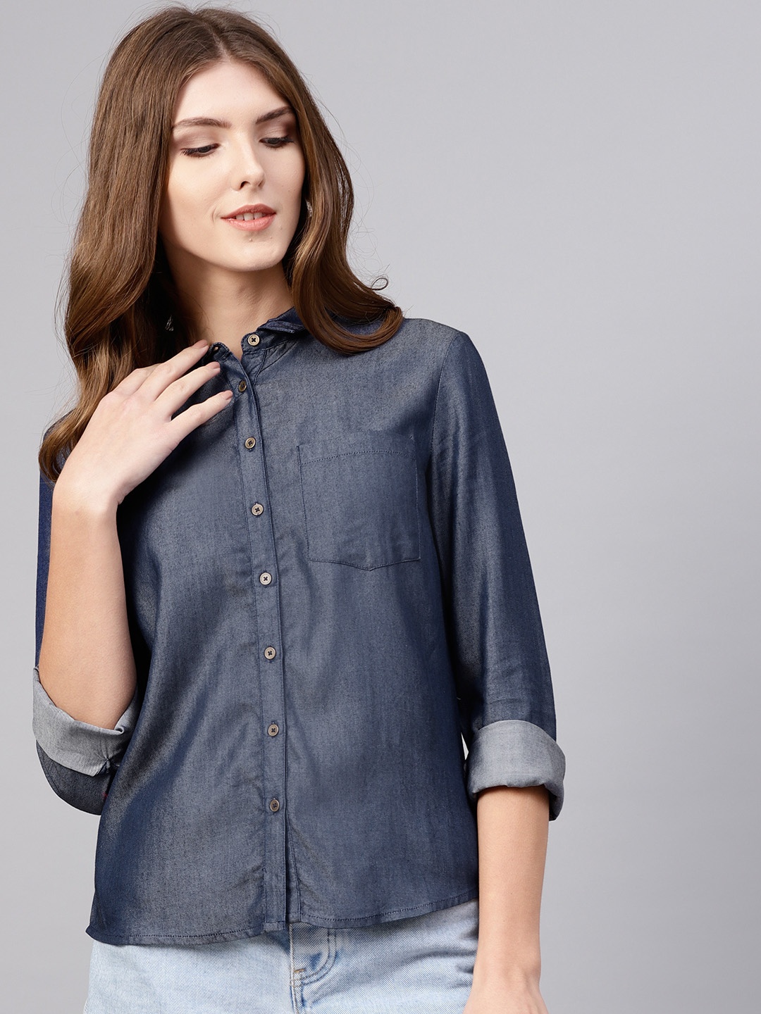 

STREET 9 Women Navy Blue Regular Fit Solid Chambray Casual Shirt