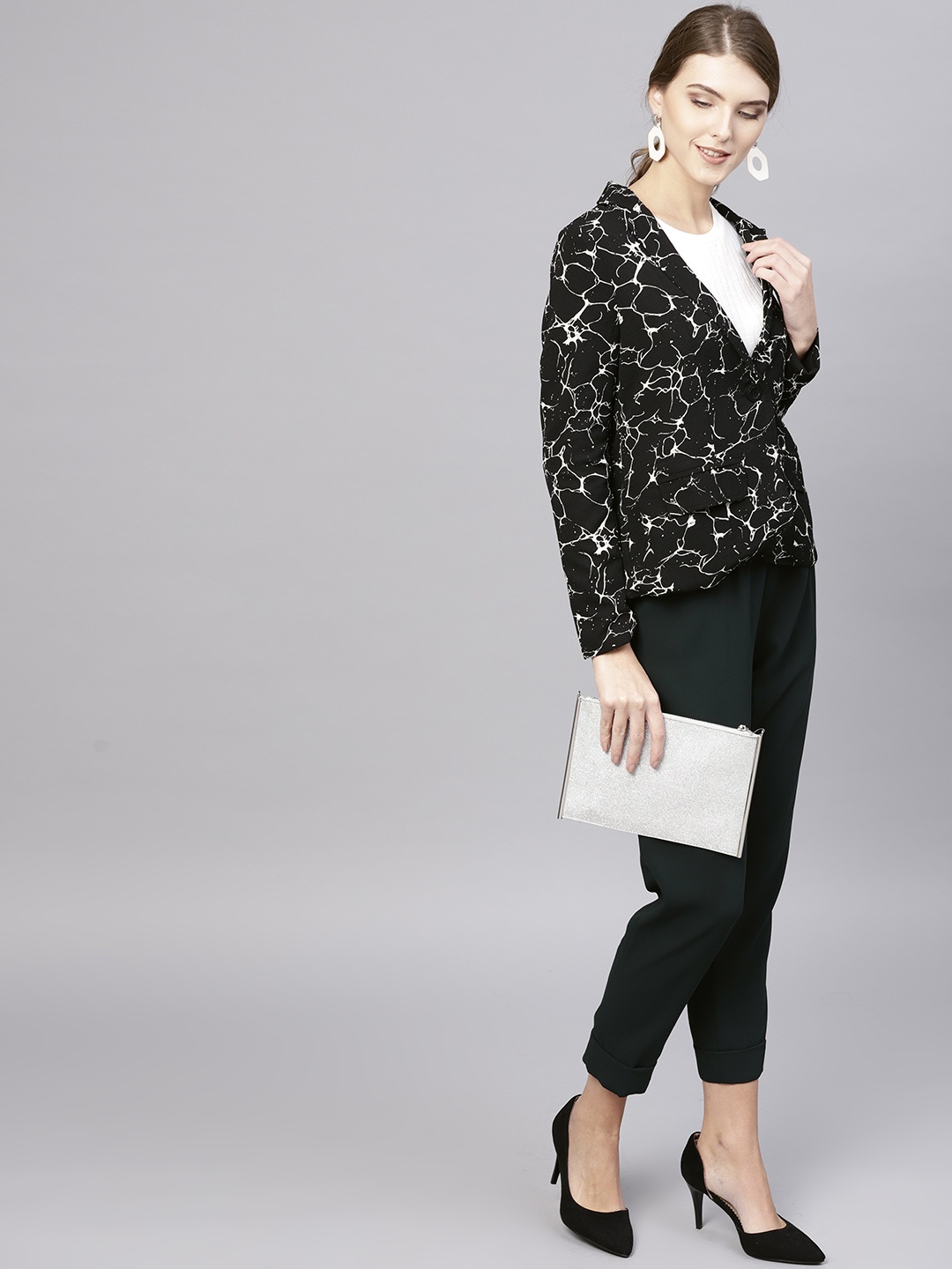 

STREET 9 Women Black & White Printed Single-Breasted Casual Blazer