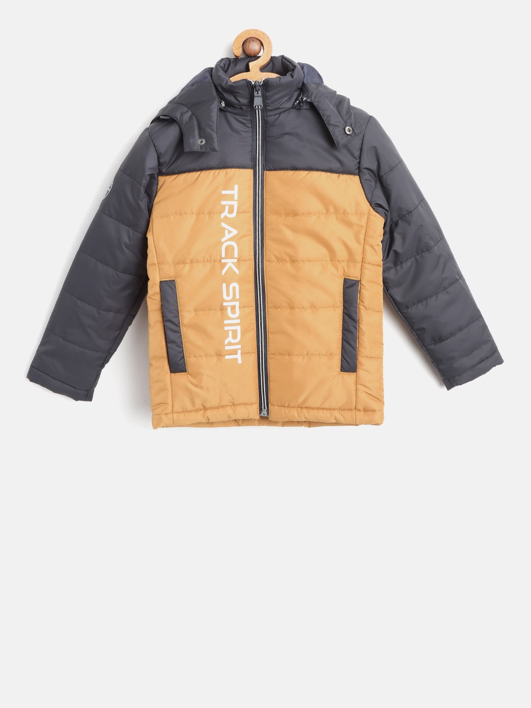 

Octave Boys Mustard Brown & Navy Blue Colourblocked Padded Jacket with Detachable Hood
