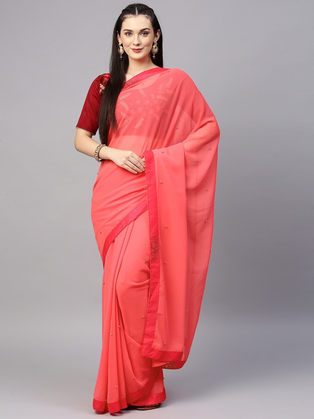 

Saree mall Coral Red Embellished Poly Georgette Saree