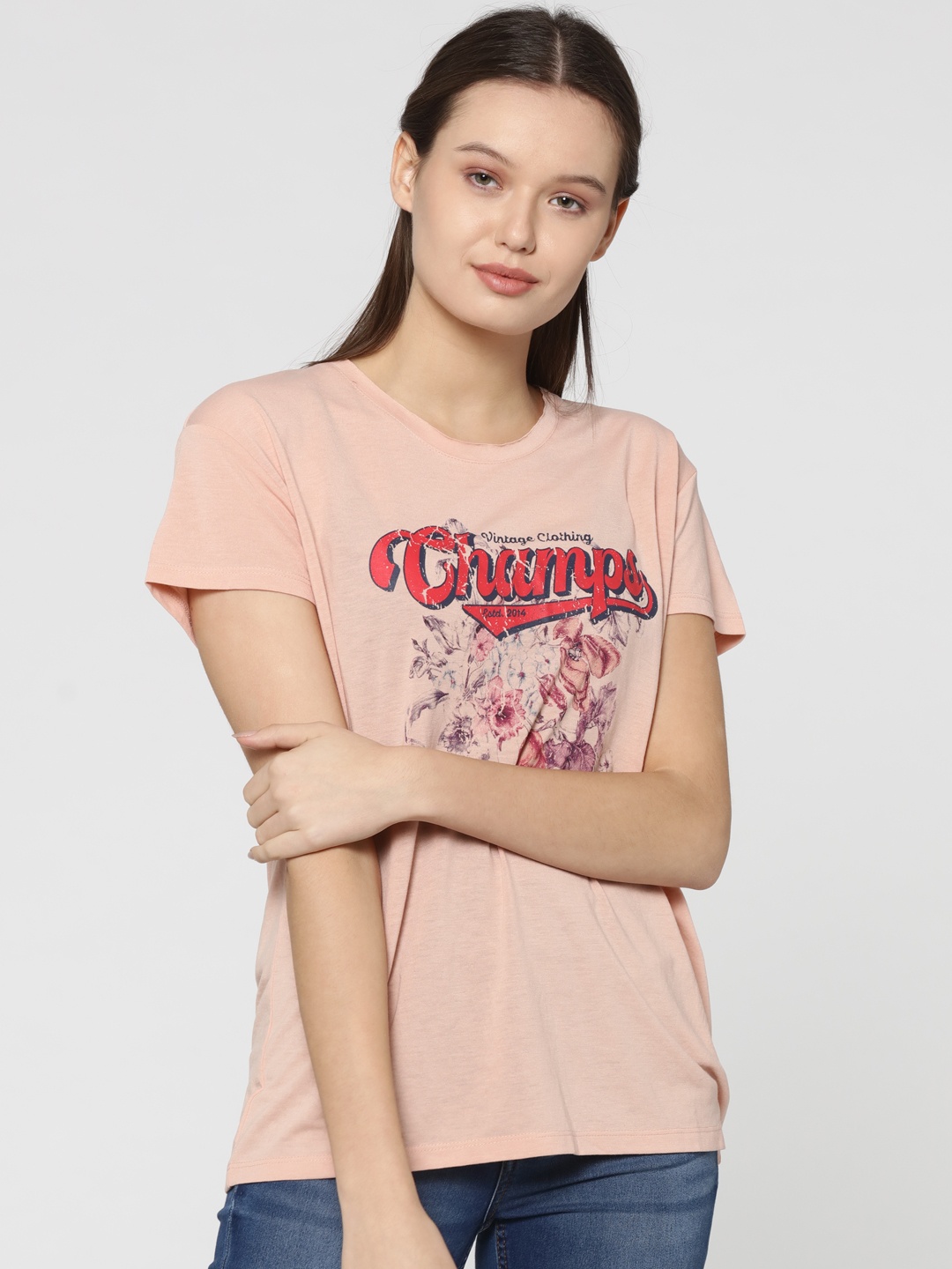 

ONLY Women Peach-Coloured Printed Round Neck T-shirt