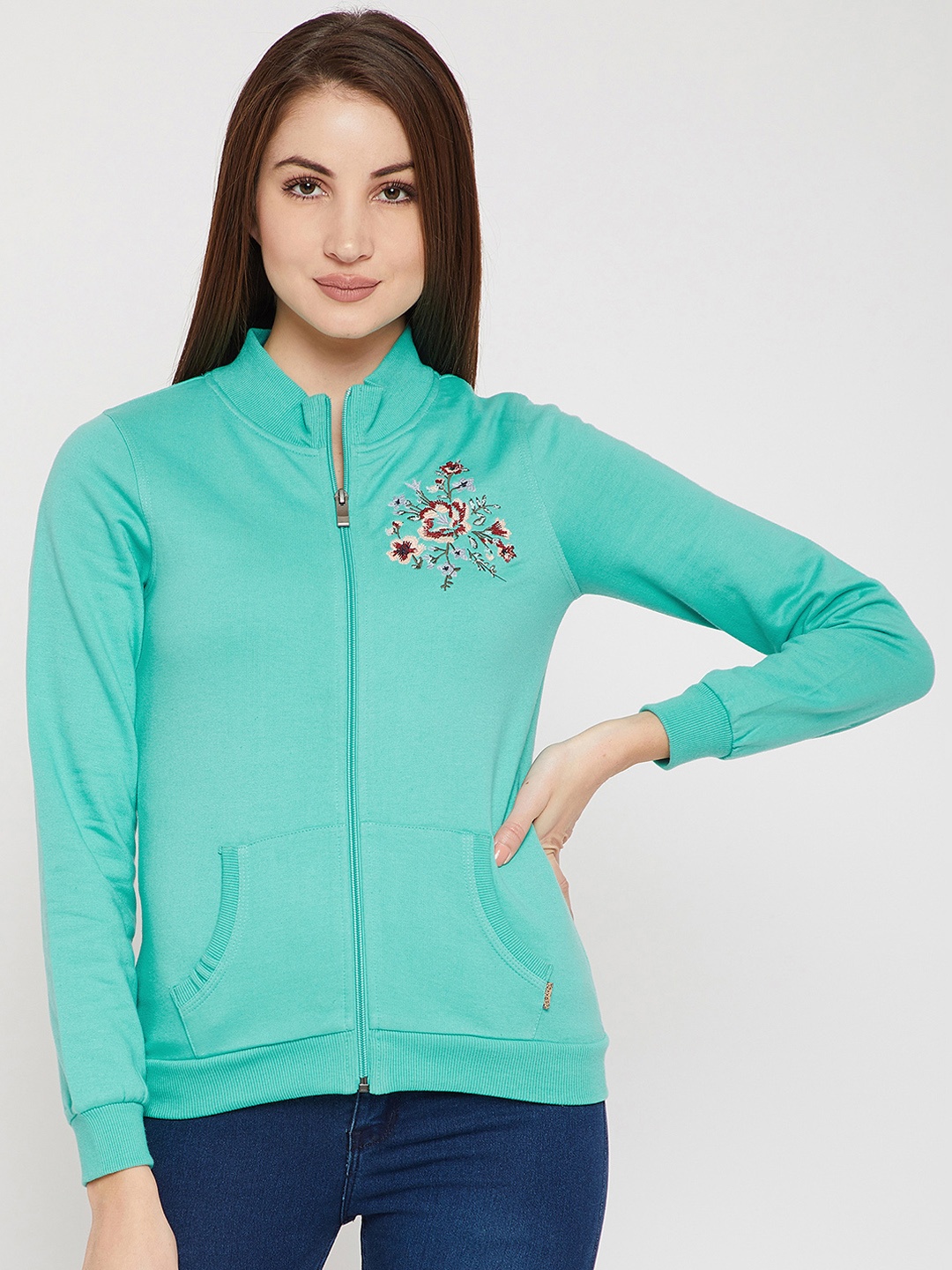 

RARE Women Sea Green Solid Sweatshirt with Embroidery