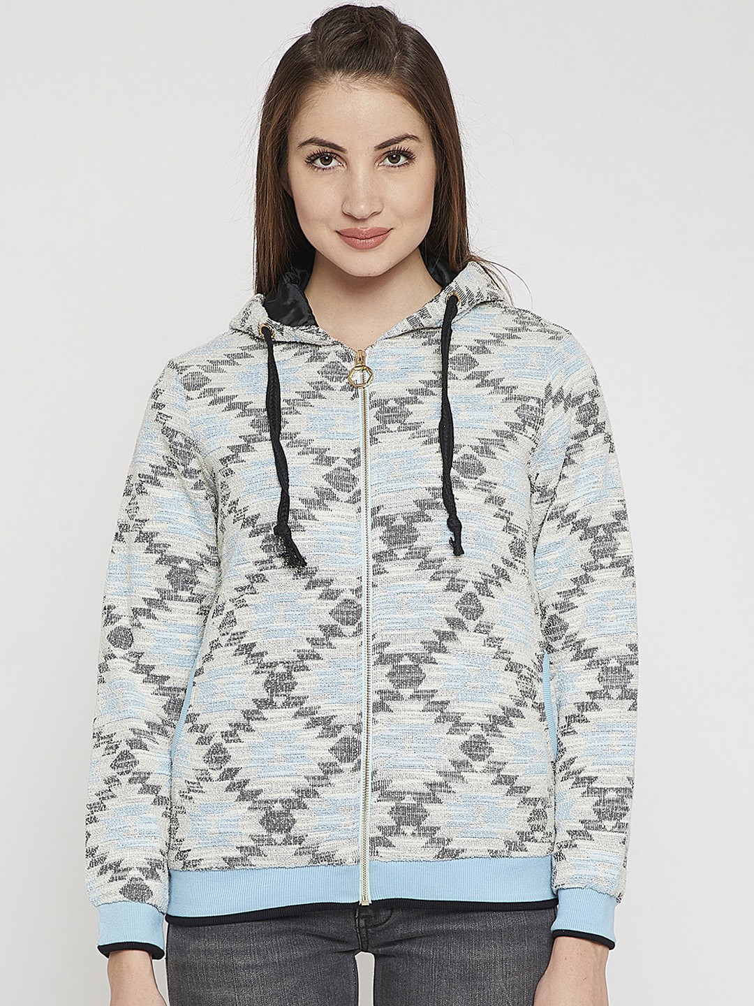 

RARE Women Blue Printed Hooded Open Front Jacket