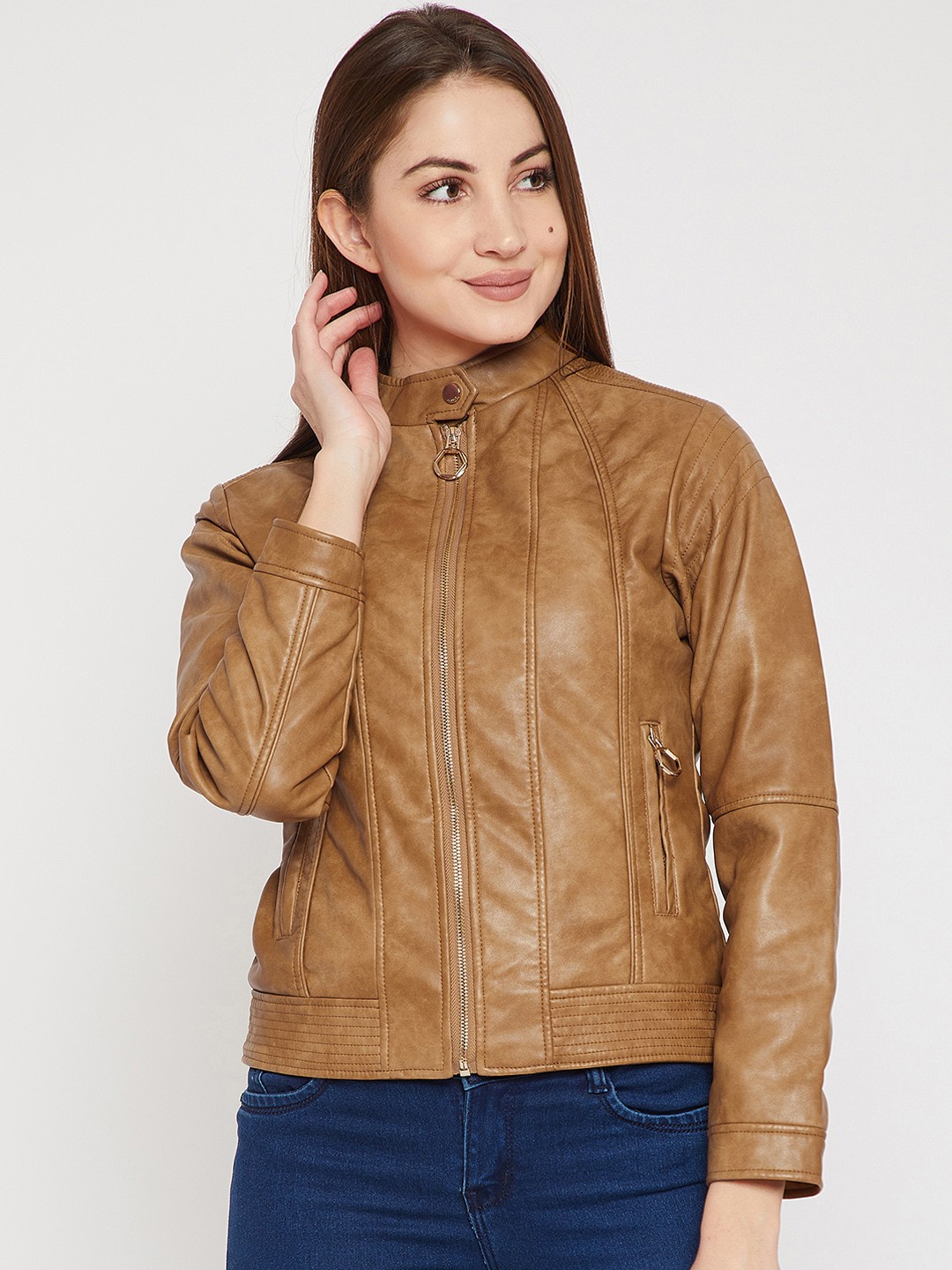 

RARE Women Tan Brown Solid Biker Jacket